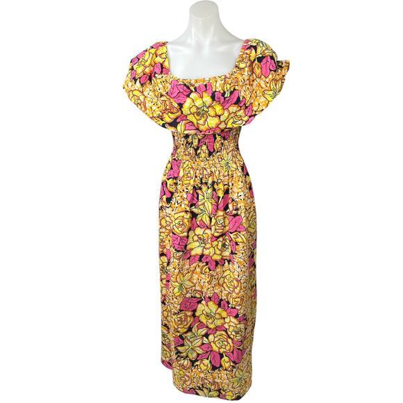 Marine Dresses & Skirts - Marine Women's Yellow Pink Floral Tropical Smocked Waist A Line Maxi Dress Sz L